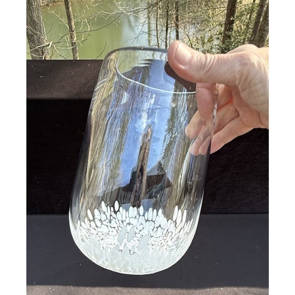 Hand Blown Studio Art Glass Signed Clear & White Confetti Design Vase Beautiful!